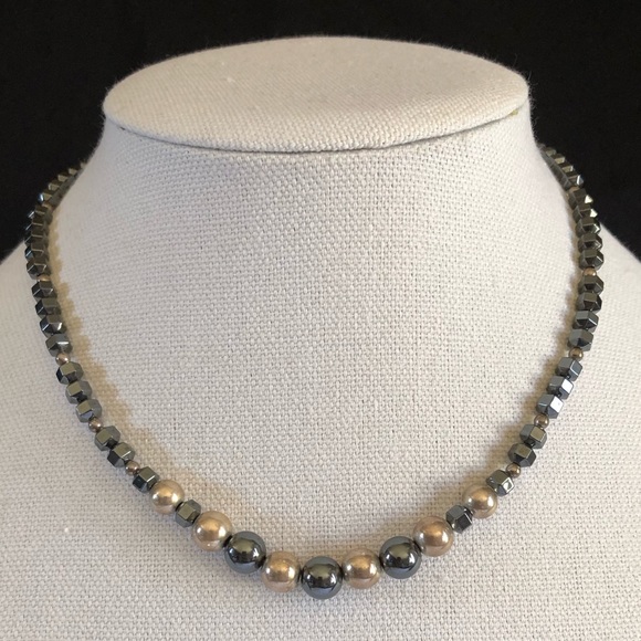 16.5” Hematite and Metallic Silver Tone Bead Necklace - Picture 3 of 15